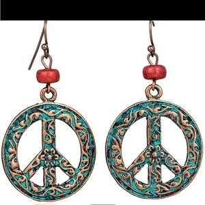 Peace Love Sign Symbol Hook Earring, Carving Antique Vintage Bronze Round Flower